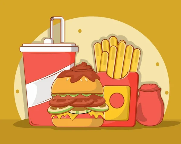 Fast Food Еда Красочные Гамбургеры Картофель Фри Сода Изолированы — стоковый вектор