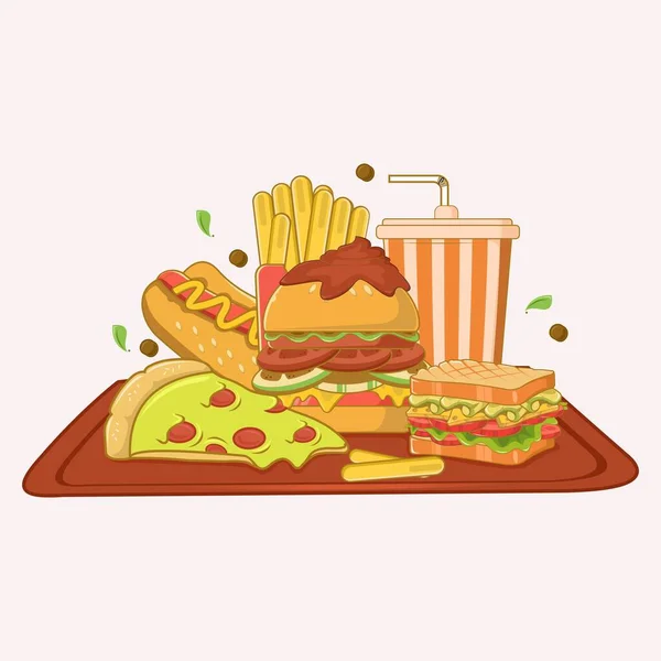 Fast Food Uma Bandeja Design Plano — Vetor de Stock