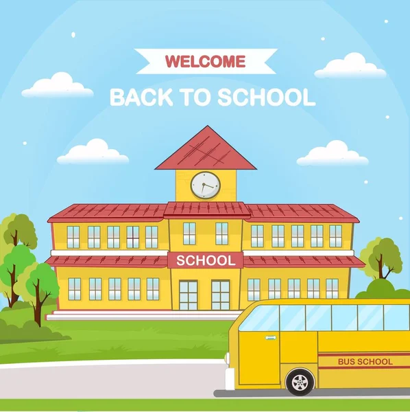 Volver Transporte Escolar Autobús Escolar Diseño Plano — Vector de stock