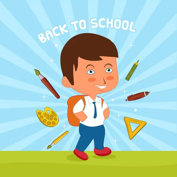 Tillbaka Till Skolan Barn Med Sin Väska Penna Färgton Pensel — Stock vektor
