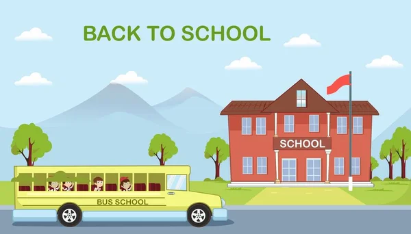 Naar School Met Vervoer Ochtend Dag Plat Ontwerp — Stockvector