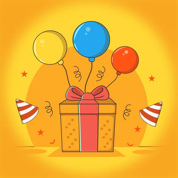 喜庆的生日礼物与气球装饰品和亚麻帽扁平设计 — 图库矢量图片