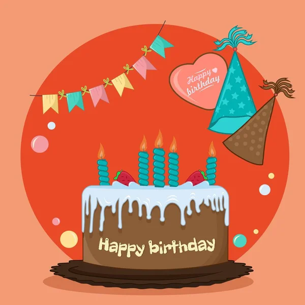 帽子と旗の装飾とバブルフラットデザインの誕生日ケーキ — ストックベクタ