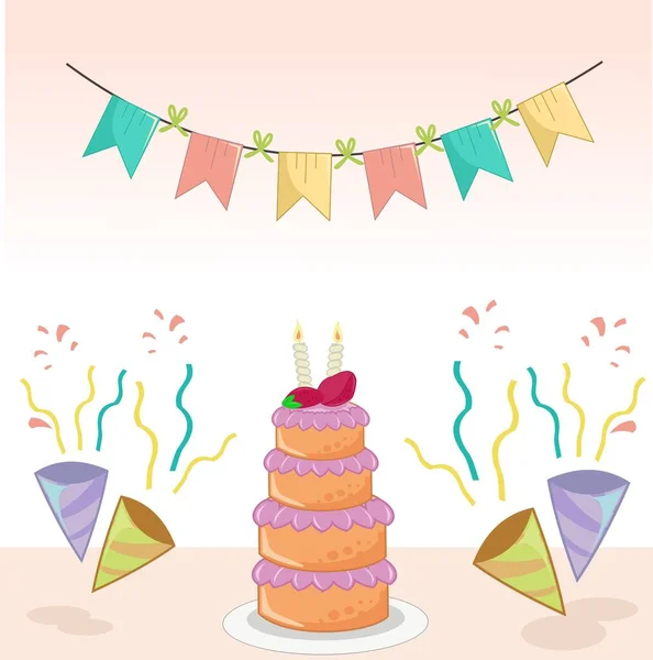 Birthday Cake Flaying Hat Flag Decoration Flat Design — Stock Vector