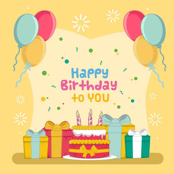 タルトケーキ プレゼントと誕生日の飾りフラットデザインの幸せな誕生日ケーキ — ストックベクタ