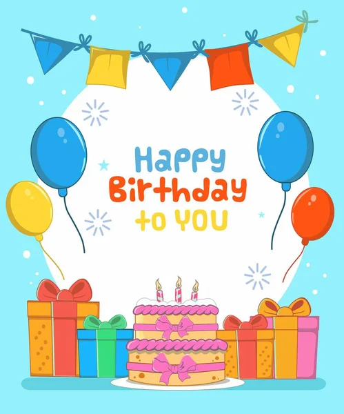 タルトケーキ プレゼントと誕生日の飾りフラットデザインの幸せな誕生日ケーキ — ストックベクタ