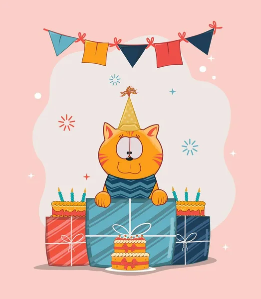 Щасливий Кіт Бере Подарунок Тортами Прикрасою Квартири Прапором — стоковий вектор