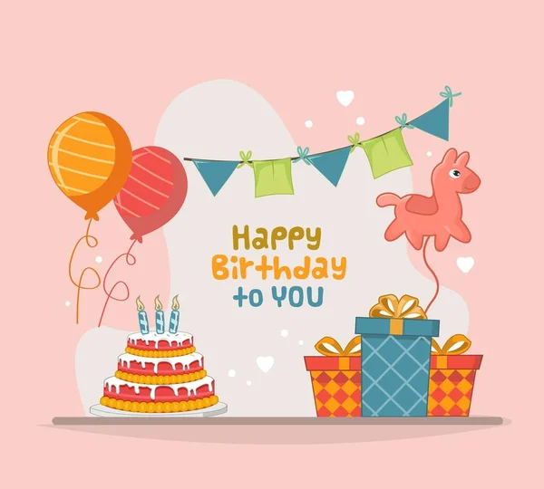 Happy Birthday You Cake Give Balloon Flag Decoration Flat Design — Stockový vektor