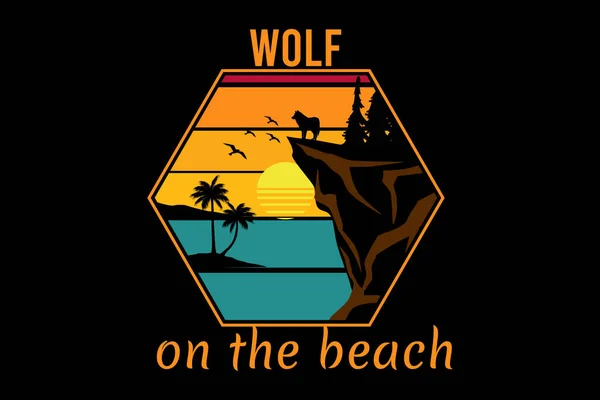 Волк Пляже Ретро Винтажный Ландшафтный Дизайн — стоковый вектор