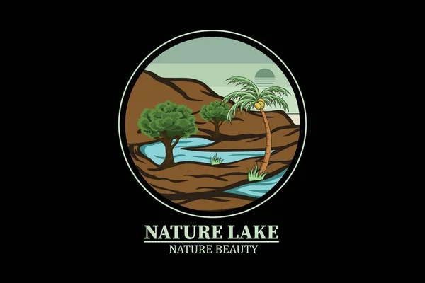 Nature Lake Retro Vintage Landscape Design — Stock Vector