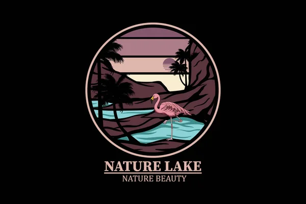 Nature Lake Retro Vintage Landscape Design — Stock Vector