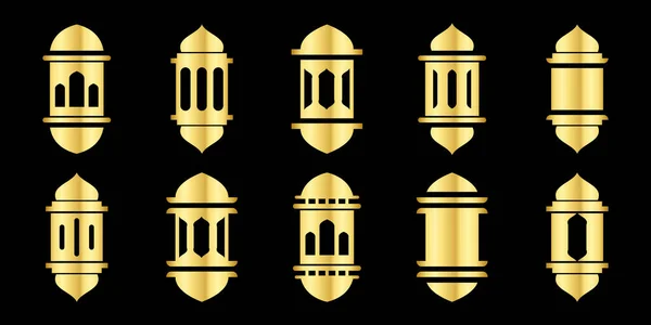 Bir dizi İslami fener elementi. Ramazan Kareem, Ramazan Bayramı dekorasyonları, müzikal nesneler ve... Altın renkli fener vektör illüstrasyonu.