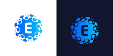 Molekül İlk Harf E Logo Tasarımı, Laboratuar Logosu Tasarım Elemanı, Noktalı Tasarım Vektörü