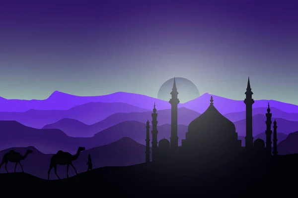 Paisaje Plano Mezquita Noche Cielo Montaña Camello — Vector de stock