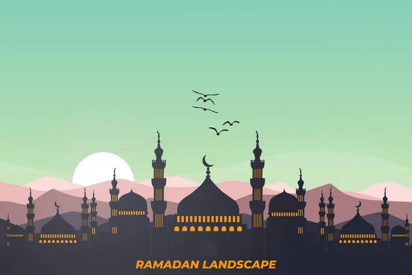 Ramazan Kareem Düz Manzara Cami Gökyüzü Güzel Dağ — Stok Vektör