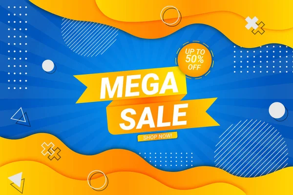 Mega Sale Achtergrond Blauw Geel Vloeibare Stijl — Stockvector