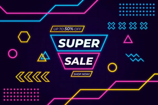 Super Sale Background Glow Dark Memphis Style — Stock Vector