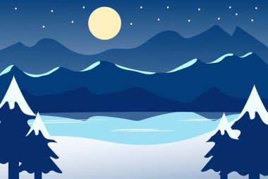 Gece aydınlık bir ay ile kışın engebeli manzarası