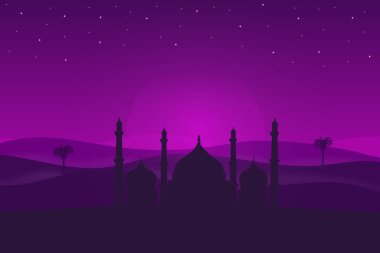 düz manzara güzel çöl camii gece parlak mor renk eğilimli
