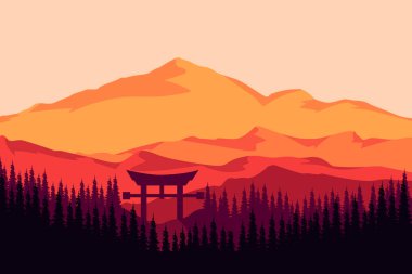 düz manzaralı Japon kapısı dağları güzel doğal orman öğleden sonra portakalı