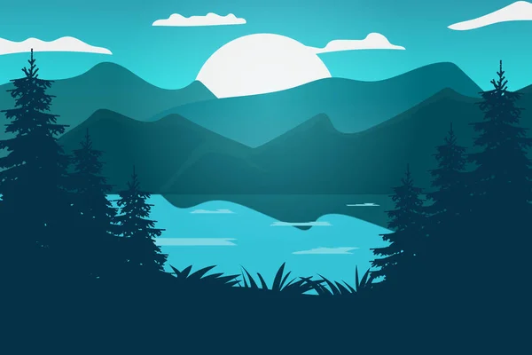 Paisagem Plana Bonito Lago Azul Gradação Verde Noite Com Lua — Vetor de Stock