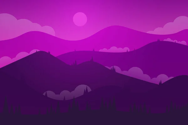 Paisaje Plano Púrpura Montañas Eran Muy Bellas Con Luz Púrpura — Vector de stock