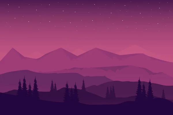 夜空に浮かぶ平らな風景美しい自然山 — ストックベクタ