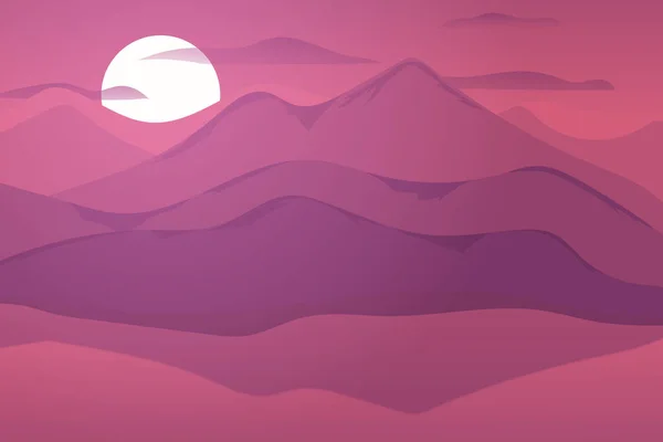 Flache Landschaft Schöne Berge See Bei Sonnenuntergang — Stockvektor