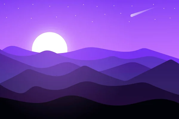 Paisaje Plano Hermosas Montañas Luz Brillante Púrpura — Vector de stock