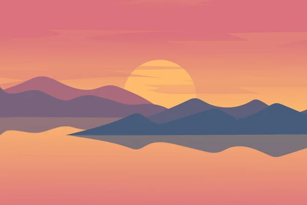 平らな風景夕日がオレンジと青の湖の美しい山々 — ストックベクタ