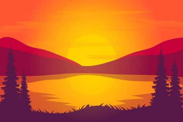 Płaski Krajobraz Piękne Jezioro Zachodzie Słońca Jasnym Pomarańczowym Czerwonym Kolorem — Wektor stockowy