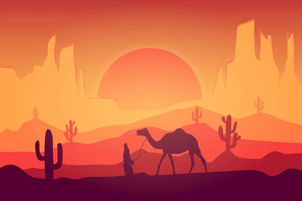 flat landscape desert camel beautiful at sunset