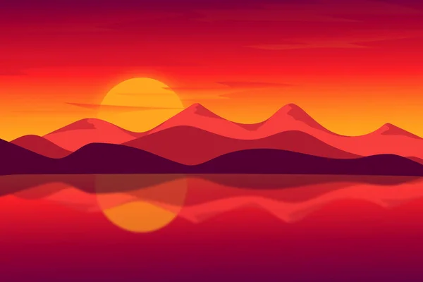 Płaski Krajobraz Piękny Natura Zachód Słońca Jezioro Jasny Pomarańczowy Wygląda — Wektor stockowy