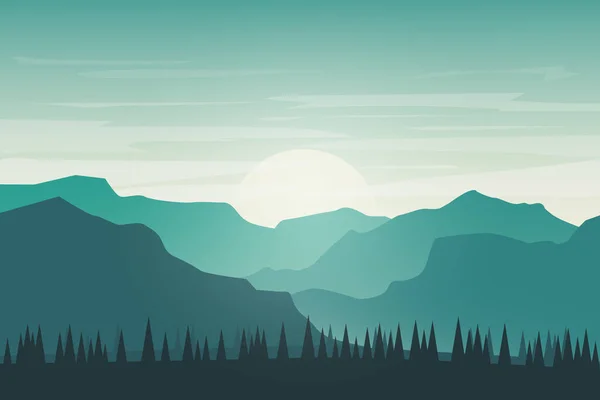 フラット風景美しい山の自然朝の明るい緑 — ストックベクタ