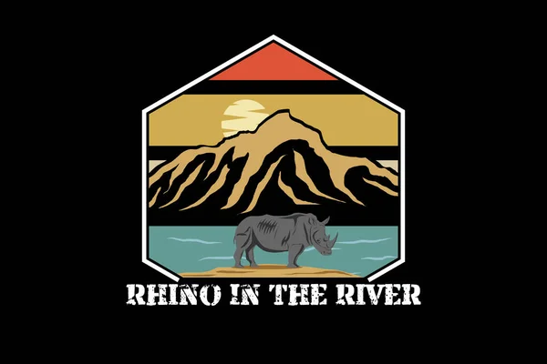 Rinoceronte Paisaje Diseño Retro Del Río — Vector de stock