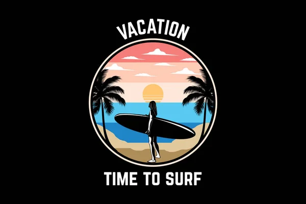 Tiempo Vacaciones Para Surfear Paisaje Diseño Retro — Archivo Imágenes Vectoriales