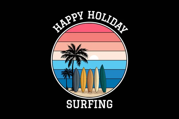 Gelukkig Vakantie Surfen Retro Design Landschap — Stockvector