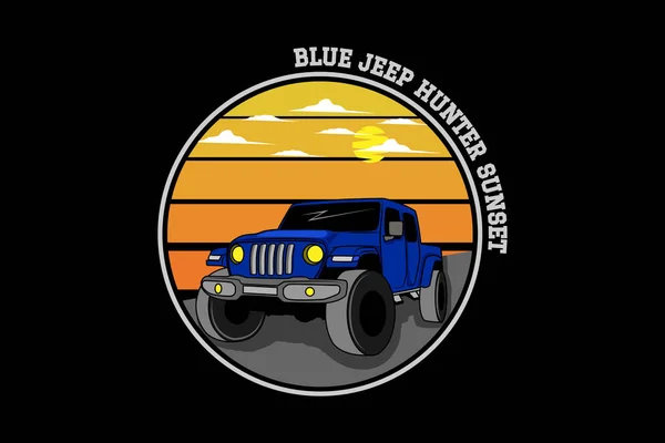 Blue Jeep Hunter Sunset Retro Design Landscape — Stock Vector