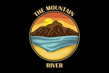 Dağ ve nehir retro tasarım manzarası