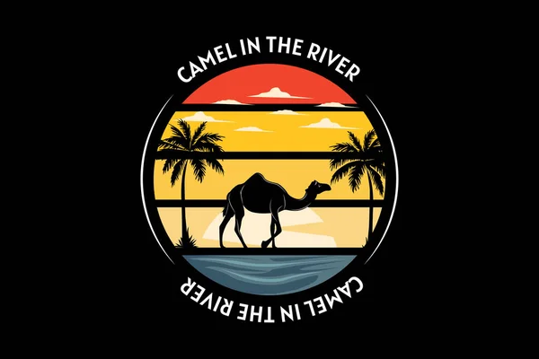 Καμήλα Στο Ποτάμι Ρετρό Σχεδιασμό Τοπίο — Διανυσματικό Αρχείο