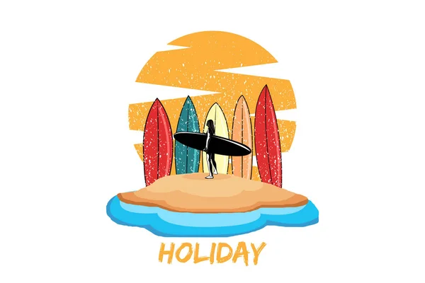 Святковий Серфінг Пляж Ретро Дизайн Пейзаж — стоковий вектор