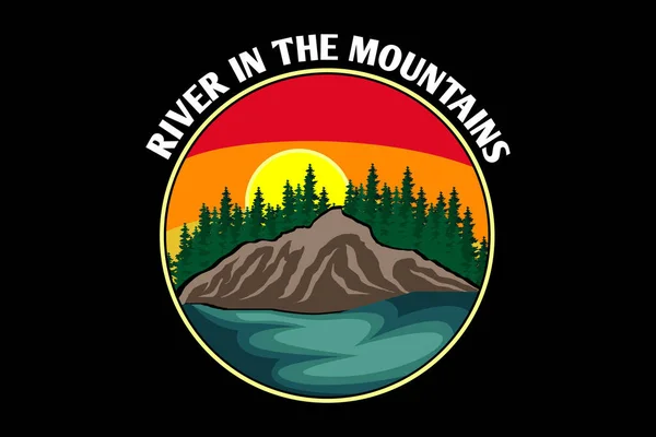River Mountain Retro Design Landscape — Stock Vector