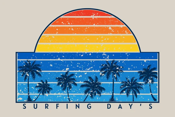 Surf Día Retro Diseño Paisaje — Vector de stock