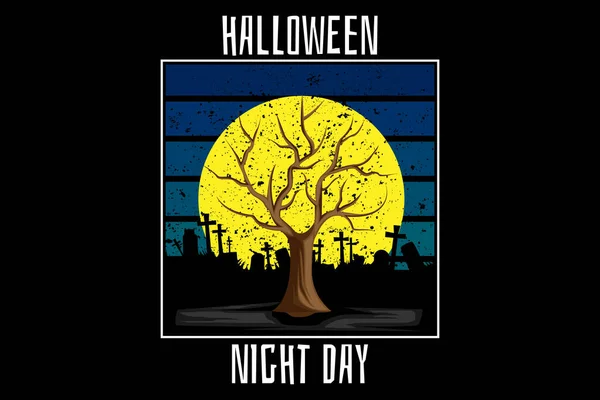 Halloween Noche Día Retro Diseño Paisaje — Vector de stock