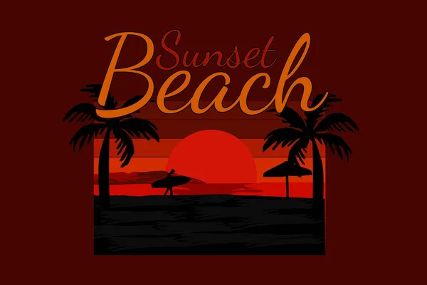 Ηλιοβασίλεμα Παραλία Σιλουέτα Ρετρό Σχεδιασμό — Διανυσματικό Αρχείο
