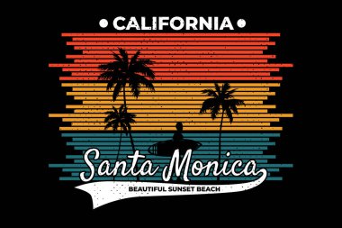 Tişört California plajı Santa Monica Günbatımı retro tarzı