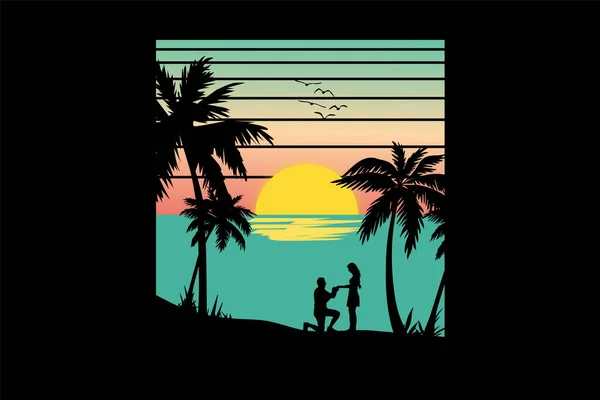 Shirt Romantyczna Para Plaży Zachód Słońca Piękna Plaża — Wektor stockowy