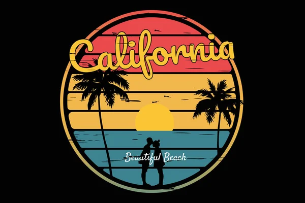 Typography california plajı çift gün batımı retro tarzı