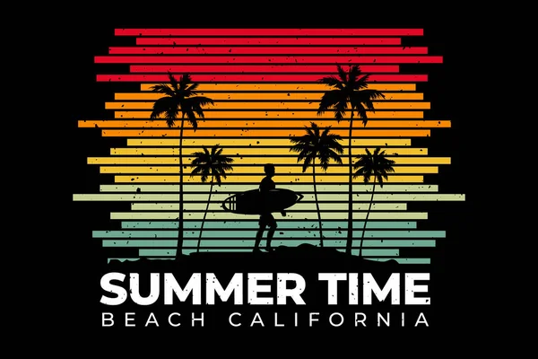 Линия Футболок Стиле Ретро Пляж Летнее Время Калифорния — стоковый вектор