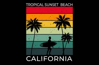 Tişört tropikal gün batımı plaj California sörf retro tarzı